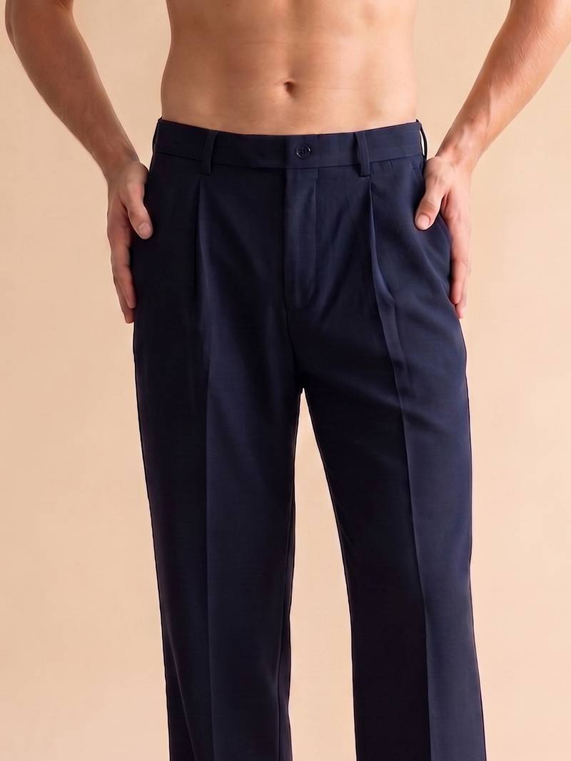 Men blue modal relaxed straight fit pleated trousers