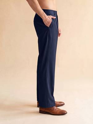 Men blue modal relaxed straight fit pleated trousers 4