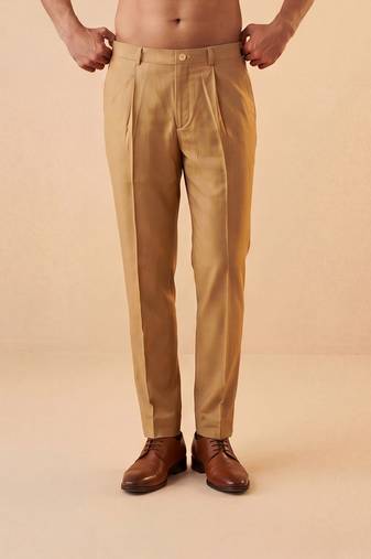 Men tan modal relaxed straight fit pleated trousers