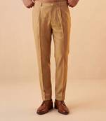 Men tan modal relaxed straight fit pleated trousers