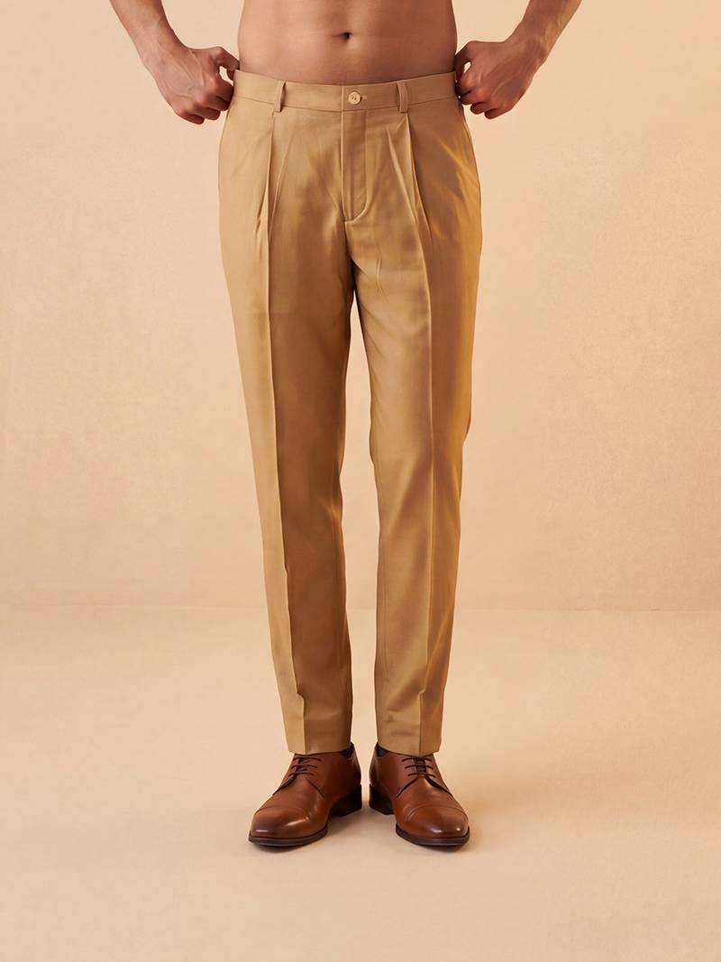 Men tan modal relaxed straight fit pleated trousers