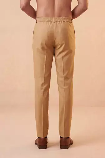 Men tan modal relaxed straight fit pleated trousers