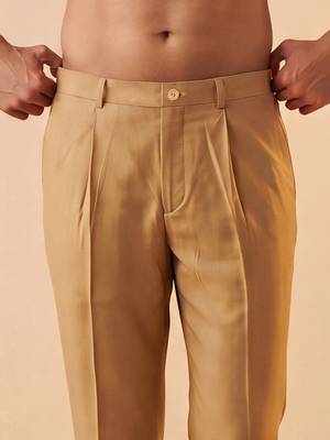 Men tan modal relaxed straight fit pleated trousers 3