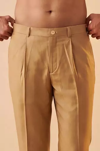 Men tan modal relaxed straight fit pleated trousers