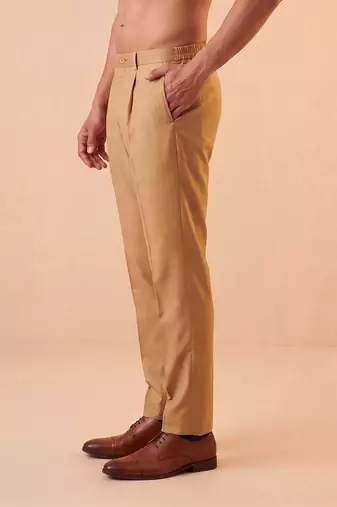 Men tan modal relaxed straight fit pleated trousers