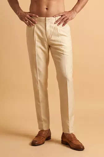 Men cream modal relaxed straight fit pleated trousers