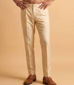 Men cream modal relaxed straight fit pleated trousers