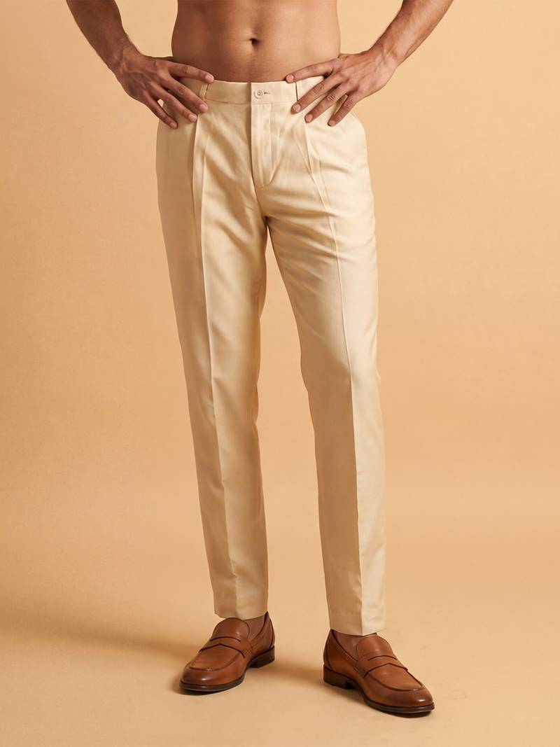 Men cream modal relaxed straight fit pleated trousers
