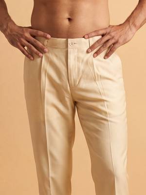 Men cream modal relaxed straight fit pleated trousers 2