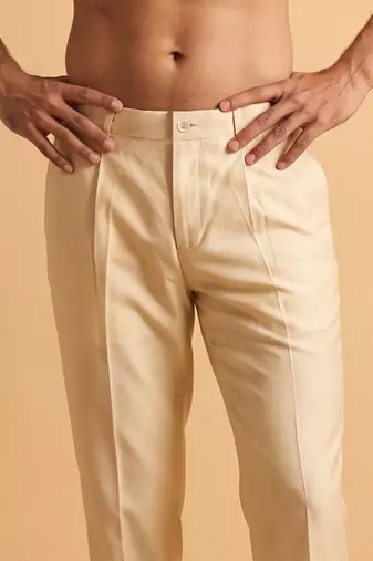 Men cream modal relaxed straight fit pleated trousers