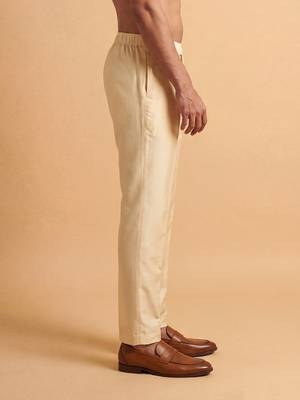 Men cream modal relaxed straight fit pleated trousers 3
