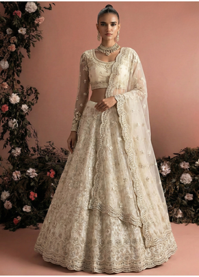 Ivory Indian Wedding Bridal Wear Premium Butterfly Net Lehenga Choli Set With Banglori Silk Inner For Women's 1