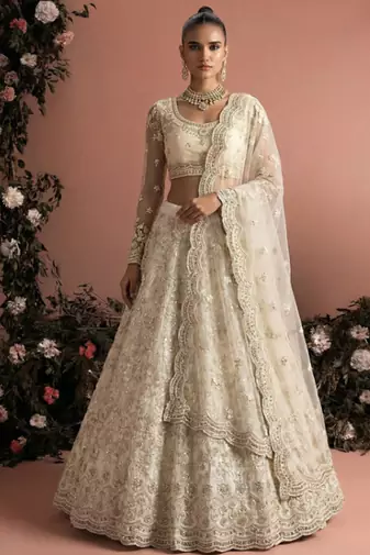 Ivory Indian Wedding Bridal Wear Premium Butterfly Net Lehenga Choli Set With Banglori Silk Inner For Women's