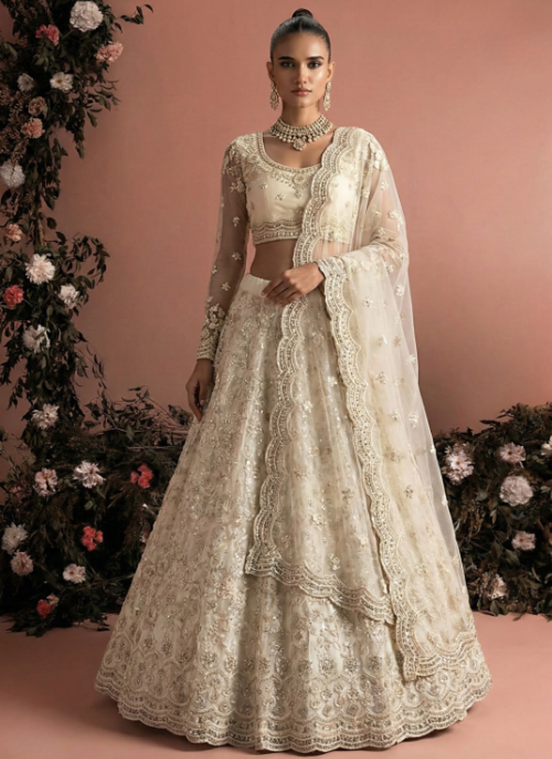 Ivory Indian Wedding Bridal Wear Premium Butterfly Net Lehenga Choli Set With Banglori Silk Inner For Women's