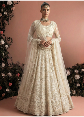 Ivory Indian Wedding Bridal Wear Premium Butterfly Net Lehenga Choli Set With Banglori Silk Inner For Women's 2