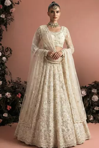 Ivory Indian Wedding Bridal Wear Premium Butterfly Net Lehenga Choli Set With Banglori Silk Inner For Women's