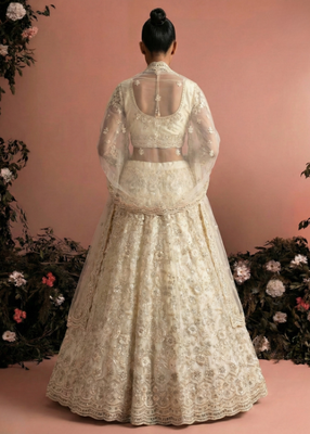 Ivory Indian Wedding Bridal Wear Premium Butterfly Net Lehenga Choli Set With Banglori Silk Inner For Women's 3