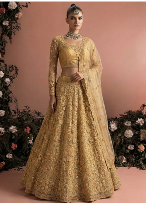 Yellow Indian Wedding Bridal Wear Premium Butterfly Net Lehenga Choli Set With Banglori Silk Inner For Women's 1