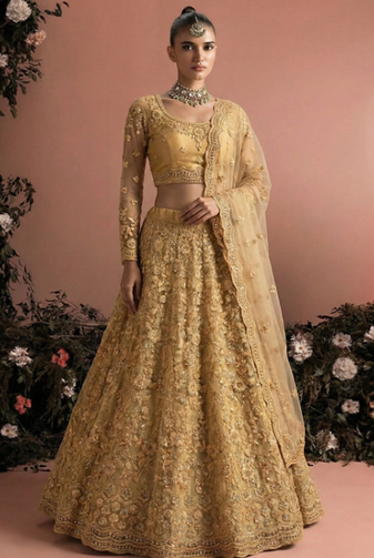 Yellow Indian Wedding Bridal Wear Premium Butterfly Net Lehenga Choli Set With Banglori Silk Inner For Women's