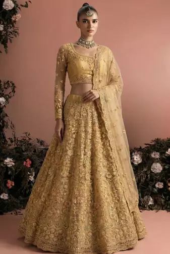 Yellow Indian Wedding Bridal Wear Premium Butterfly Net Lehenga Choli Set With Banglori Silk Inner For Women's