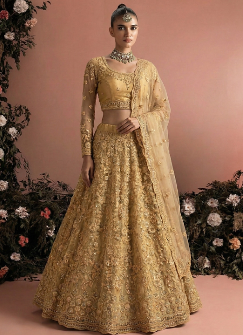 Yellow Indian Wedding Bridal Wear Premium Butterfly Net Lehenga Choli Set With Banglori Silk Inner For Women's