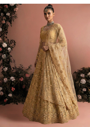Yellow Indian Wedding Bridal Wear Premium Butterfly Net Lehenga Choli Set With Banglori Silk Inner For Women's 2