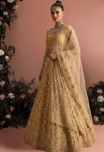 Yellow Indian Wedding Bridal Wear Premium Butterfly Net Lehenga Choli Set With Banglori Silk Inner For Women's