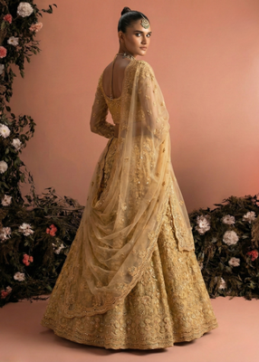 Yellow Indian Wedding Bridal Wear Premium Butterfly Net Lehenga Choli Set With Banglori Silk Inner For Women's 3