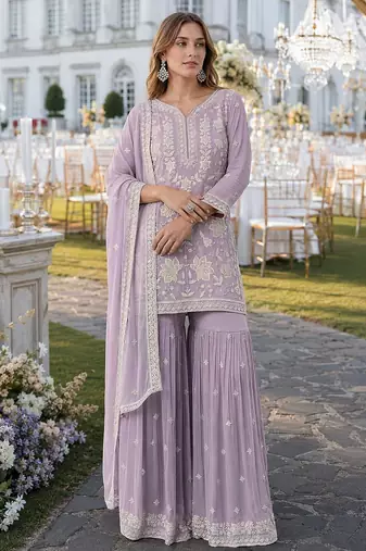 Lavender chiffon semi stitched suit with embroidery thread & khatli work