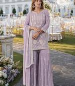 Lavender chiffon semi stitched suit with embroidery thread & khatli work