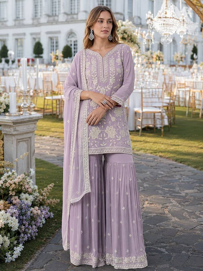 Lavender chiffon semi stitched suit with embroidery thread & khatli work