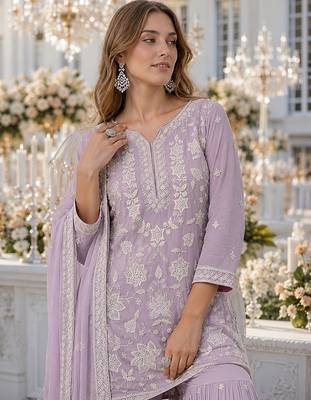 Lavender chiffon suit with embroidery thread & khatli work 2