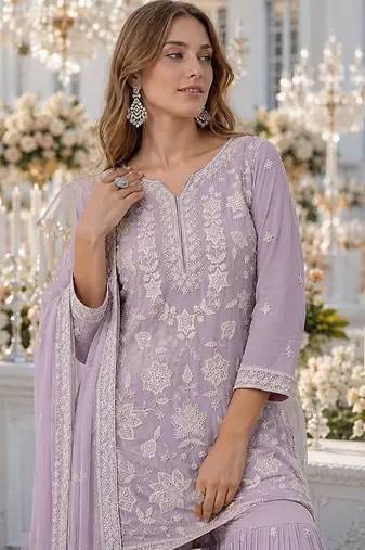 Lavender chiffon semi stitched suit with embroidery thread & khatli work