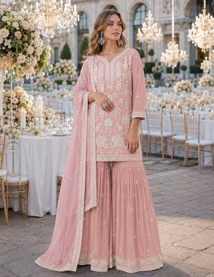 Peach chiffon suit with embroidery thread & khatli work 1