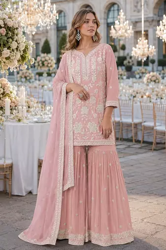 Peach chiffon semi stitched suit with embroidery thread & khatli work