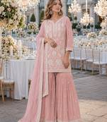 Peach chiffon semi stitched suit with embroidery thread & khatli work