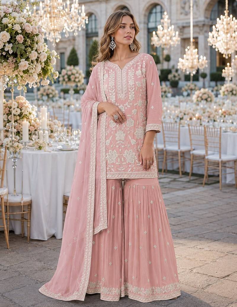 Peach chiffon semi stitched suit with embroidery thread & khatli work