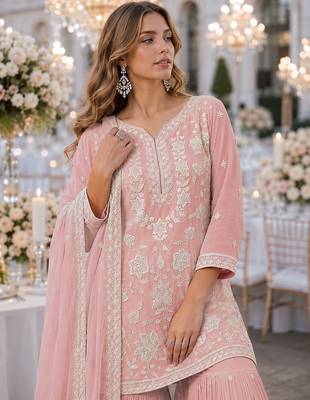 Peach chiffon suit with embroidery thread & khatli work 2