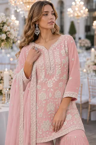 Peach chiffon semi stitched suit with embroidery thread & khatli work