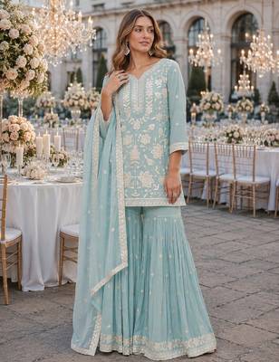 Blue chiffon suit with embroidery thread & khatli work 1