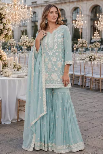 Blue chiffon semi stitched suit with embroidery thread & khatli work