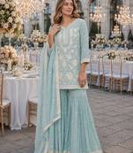 Blue chiffon semi stitched suit with embroidery thread & khatli work
