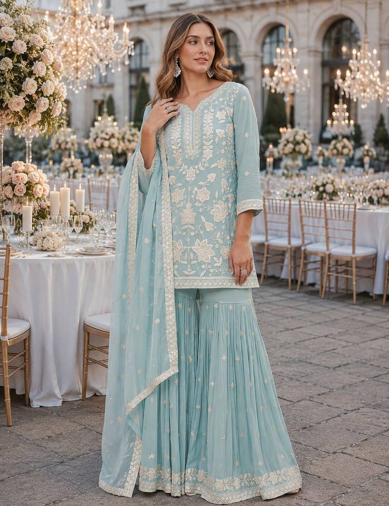Blue chiffon semi stitched suit with embroidery thread & khatli work