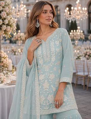 Blue chiffon suit with embroidery thread & khatli work 2