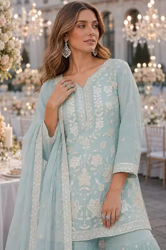 Blue chiffon semi stitched suit with embroidery thread & khatli work