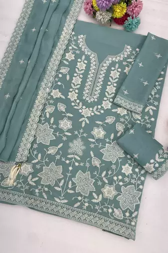 Blue chiffon semi stitched suit with embroidery thread & khatli work