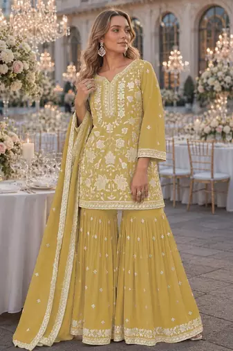 Yellow chiffon semi stitched suit with embroidery thread & khatli work