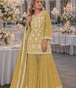 Yellow chiffon semi stitched suit with embroidery thread & khatli work