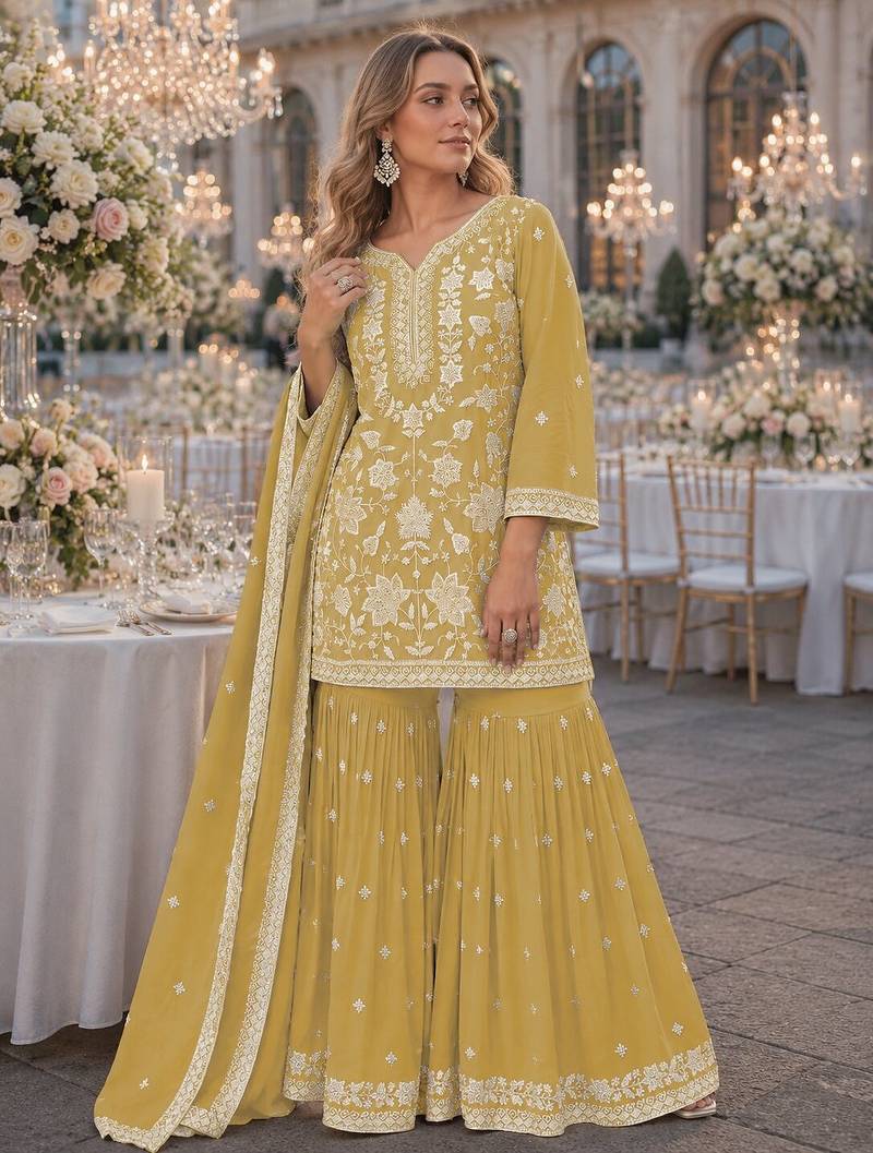 Yellow chiffon semi stitched suit with embroidery thread & khatli work