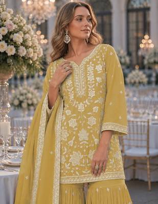 Yellow chiffon suit with embroidery thread & khatli work 2